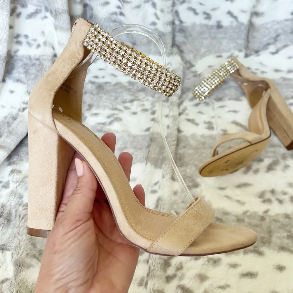 Liliana Champagne Nude Rhinestone Block Heel Sandals | Size 8 - Picture 5 of 11